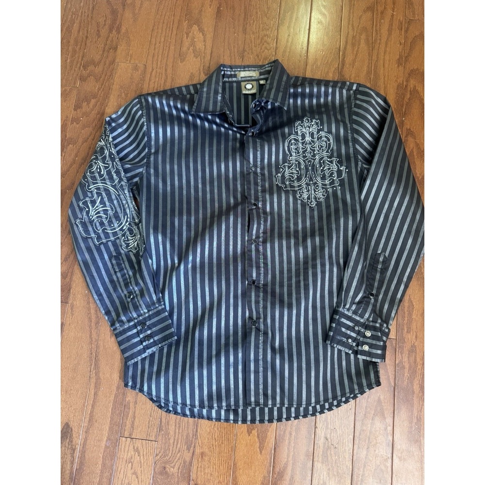 Lamasini Mens M Black Stripe Snap Shirt Embroidered Cross Rocker Gothic